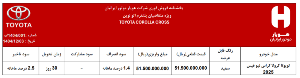 شرایط فروش هویار موتور ایرانیان (1404)