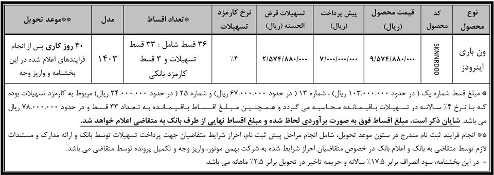 شرایط فروش ون اینرودز و ثبت نام اینرودز (1405)