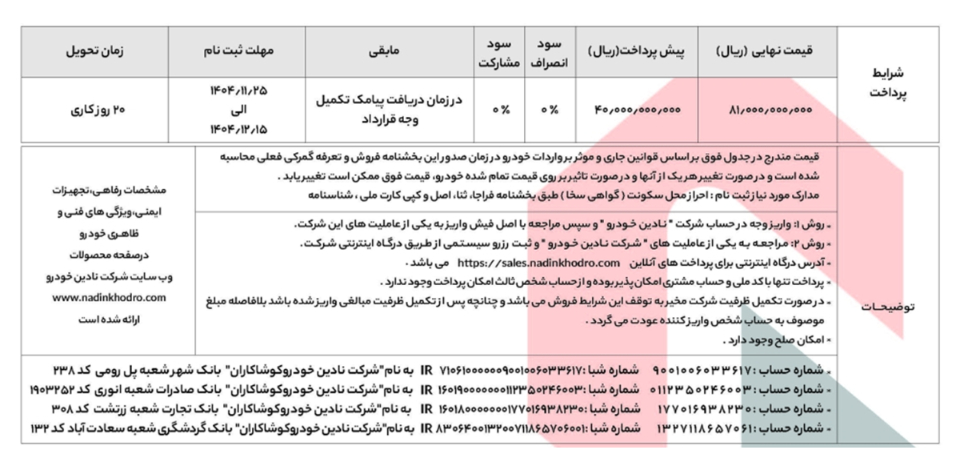 شرایط فروش نادین خودرو (1405)