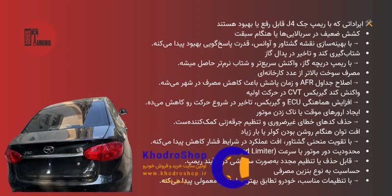 اینفوگرافیک ایرادات و مشکلات رایج خودرو JAC J4 که با ریمپ حل میشود.