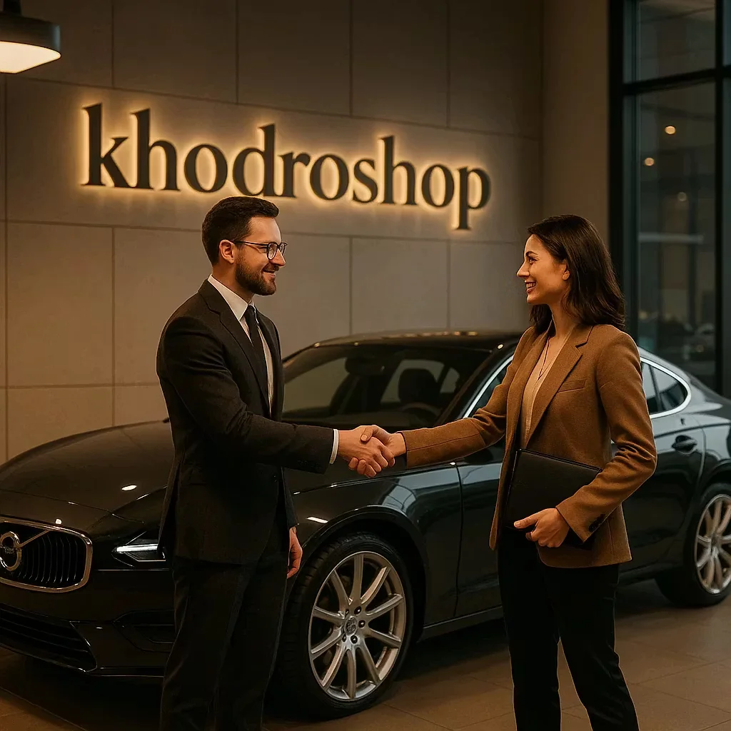 دو نفر در حال دستدادن در نمای داخلی یک نمایشگاه شیک با خودرویی زیبا در پسزمینه، لوگوی khodroshop روی دیوار و آدرس سایت در پایین سمت چپ تصویر.